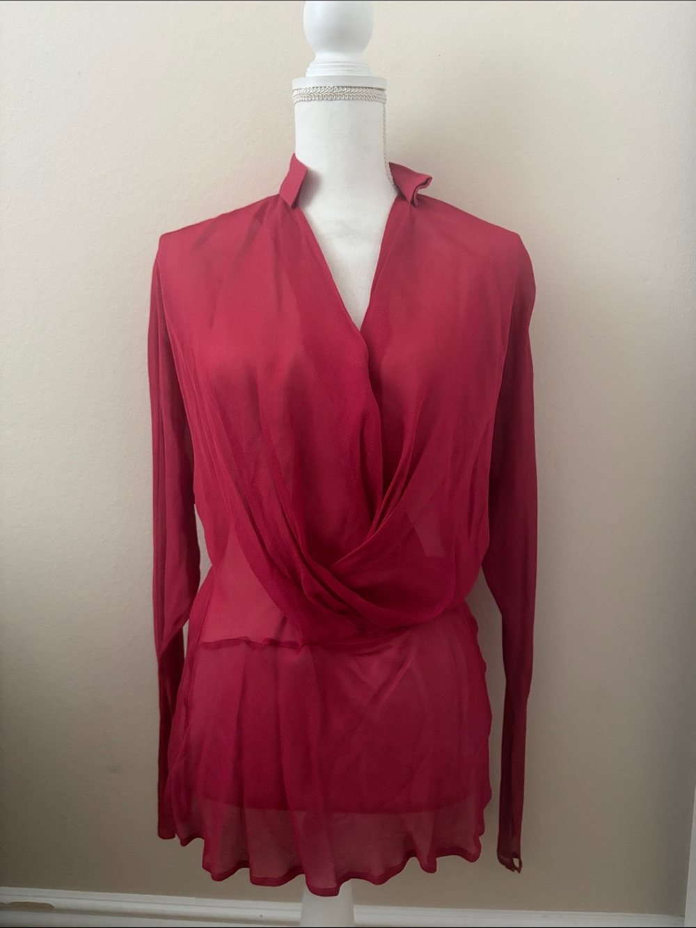 Halston Heritage Raspberry Sheer Draped V-Neck Blouse
